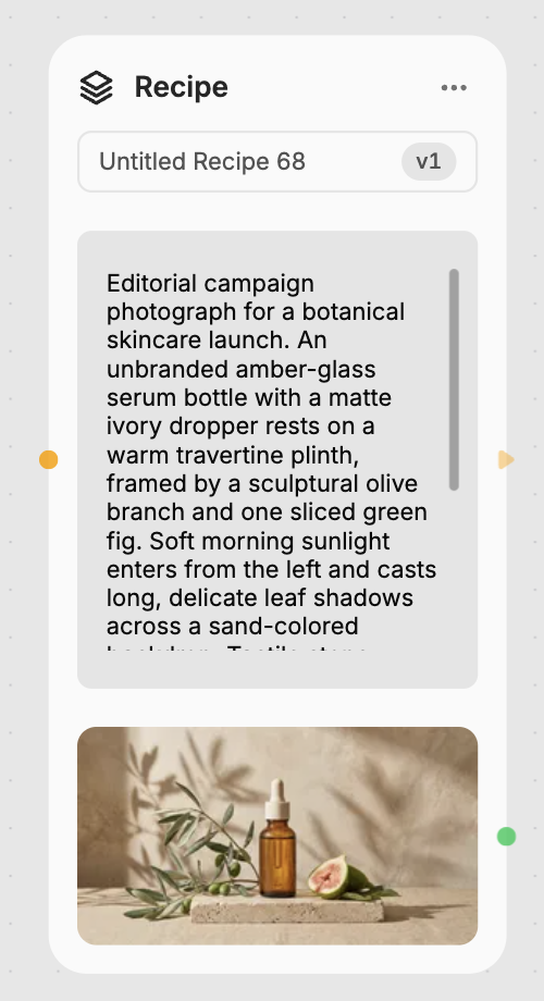 After creating a recipe: a single Recipe node with the original brief and generated campaign image