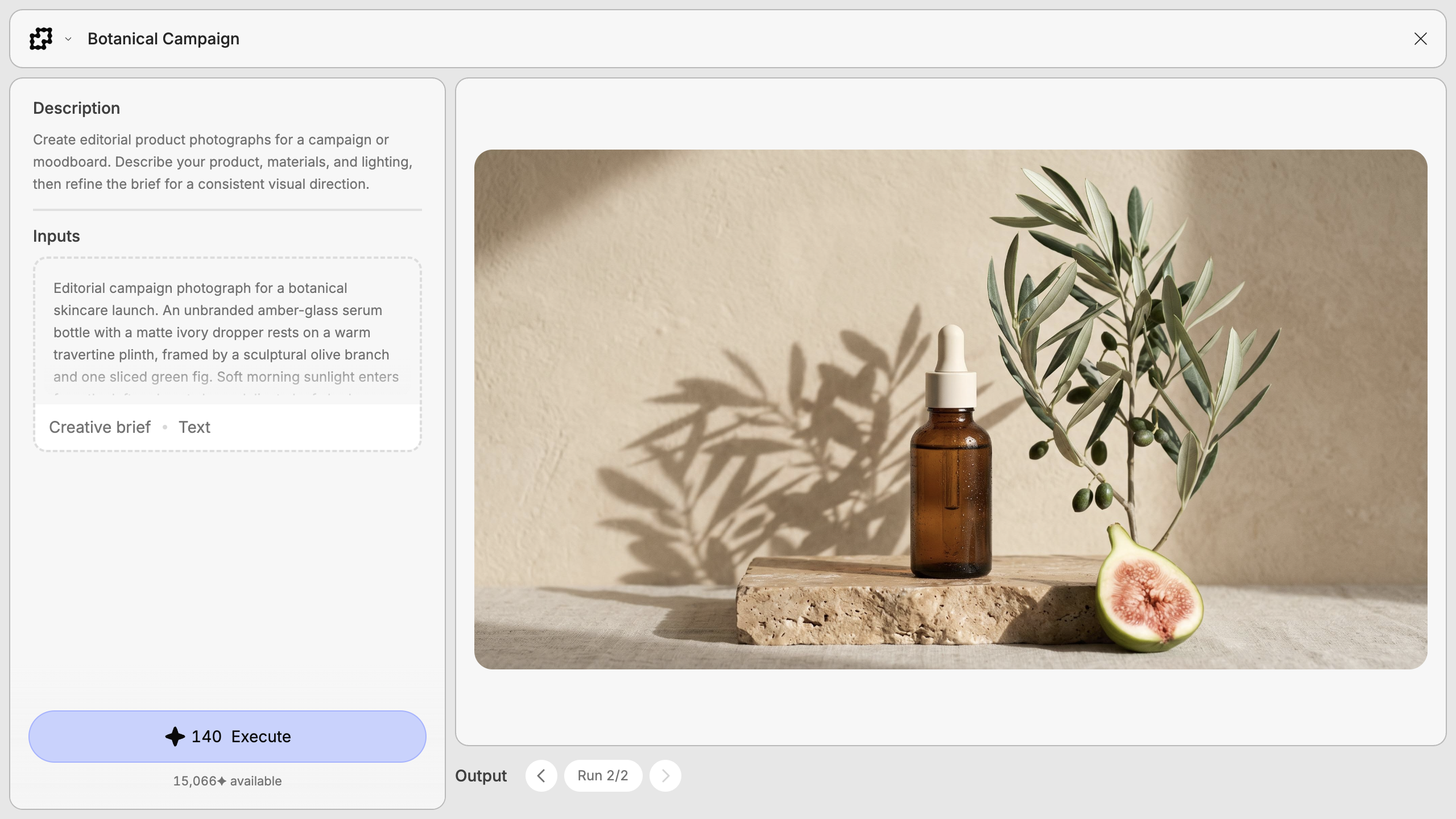 A botanical product campaign recipe with a creative brief and a finished image