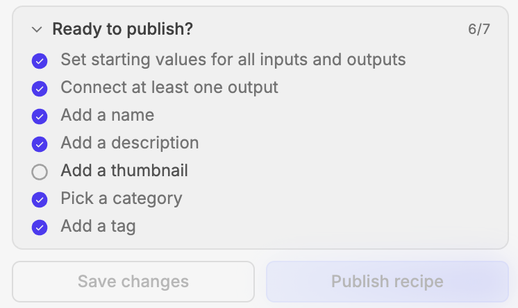 Recipe publishing checklist with the thumbnail requirement still incomplete
