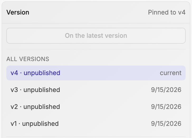 Recipe version controls showing the selected version and available versions