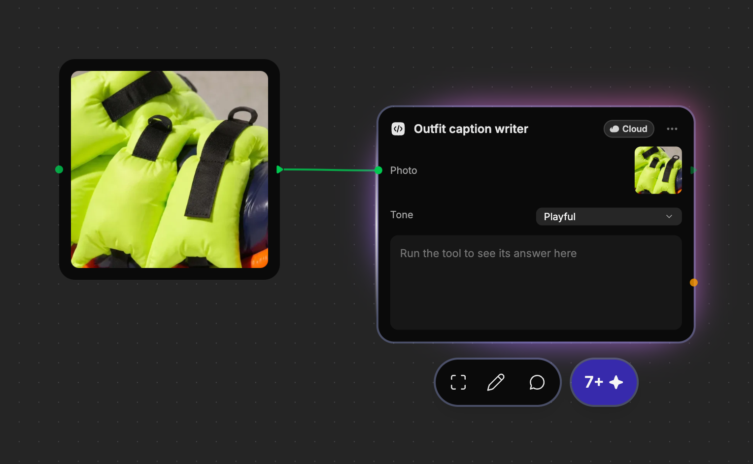 An Image node wired into a Cloud tool with a Tone dropdown, ready to run for 7+ credits