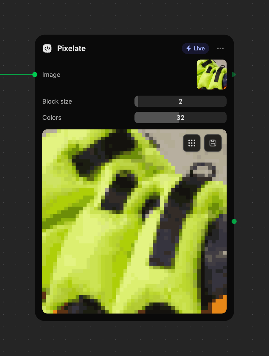 The drag handle and Save to assets buttons over a Live tool's image result